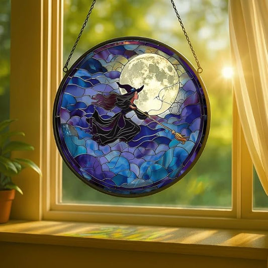 Stained Glass Window Hanging - Halloween 7.8in Flying Witch on Broom with Moon Sun Catchers Indoor Stained Glass Panels Wall Decor for Mom，Wife，Lovers，Festive