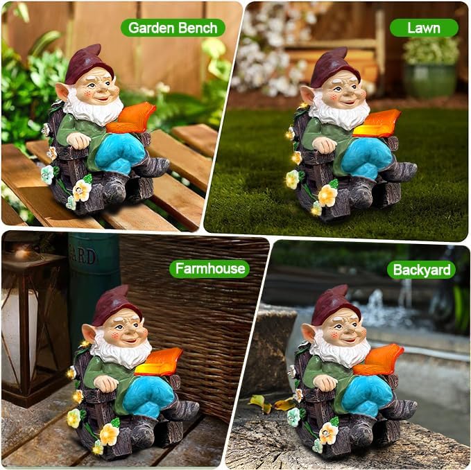 Solar Garden Gnome Statues Outdoor, Fairy Rocking Chair Gnomes Reading Book Succulents Figurines Lights Yard Art Sculpture Home Decor for Outside Patio Balcony Lawn, Unique Loved One Gifts for Mom