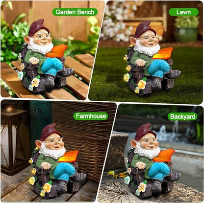 Solar Garden Gnome Statues Outdoor, Fairy Rocking Chair Gnomes Reading Book Succulents Figurines Lights Yard Art Sculpture Home Decor for Outside Patio Balcony Lawn, Unique Loved One Gifts for Mom
