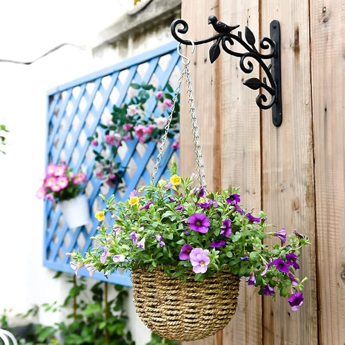 KiaoTime Cast Iron Metal 9.5" Hanging Planter Flower Pots Bracket Bird Feeder Hook Wind Chime Lanterms Hanger with Double Sided Bird for Indoor Outdoor Wall Fence Deck Trees Patio Garden Post Arm