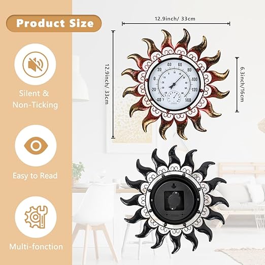VEWOGARDEN 13 Inch Sun Outdoor Thermometer Waterproof Metal Decorative Wall Indoor Outdoor Thermometer for Patio, Home & Garden