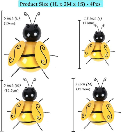 Metal Bumble Bees Garden Outdoor Decor Honey Bee Yard Art Outside Patio Fence Home Wall Decorations (Set of 4)