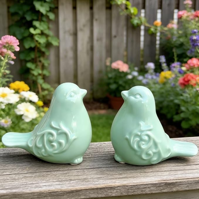 2PCS Ceramic Bird Figurines Decorative Bird Ornaments Statue for Home Garden Decor (Green)