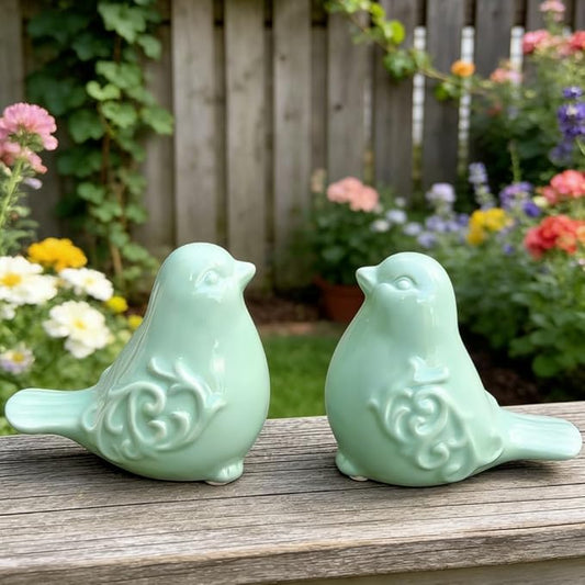 2PCS Ceramic Bird Figurines Decorative Bird Ornaments Statue for Home Garden Decor (Green)