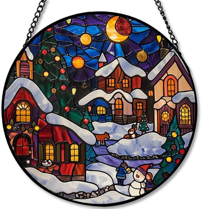 Stained Glass Window Hanging - Christmas Snowy Village at Night Sun Catchers Panel for Indoor Decorative Display for Mom, Wife, Lovers, Festive