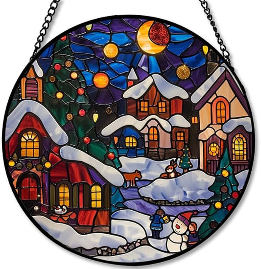 Stained Glass Window Hanging - Christmas Snowy Village at Night Sun Catchers Panel for Indoor Decorative Display for Mom, Wife, Lovers, Festive