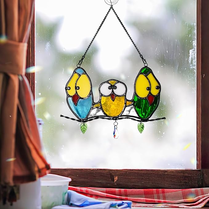 Multicolor Owl Decor Stained Glass Window Hanging,Best Bird Gifts for Owl Lovers Women,Bird Suncatcher for Window Home Decoration,Birthday Gifts for Lover and Friend