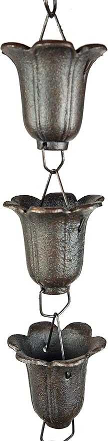 NACH Heavy Duty Cast Iron Tulip Rain Chain, Decorative Rain Chains for Gutter, Downspout, Outside Drain, 96" (8 ft), Antique Black, JS-RNC004