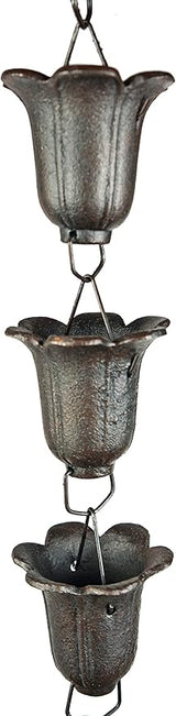 NACH Heavy Duty Cast Iron Tulip Rain Chain, Decorative Rain Chains for Gutter, Downspout, Outside Drain, 96" (8 ft), Antique Black, JS-RNC004