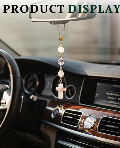 2PCS Crystal Cross for Car Mirror Hanging, Cute Healing Stones Car Rear View Charm Accessories Ornament for Sun Catcher