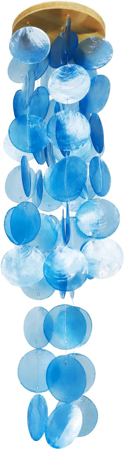 Capiz Shell Wind Chime for Outside 28” Sea Glass Wind Chime Ocean/Beach Themed Chime Gift for Women Mother’s Day Decoration Blue