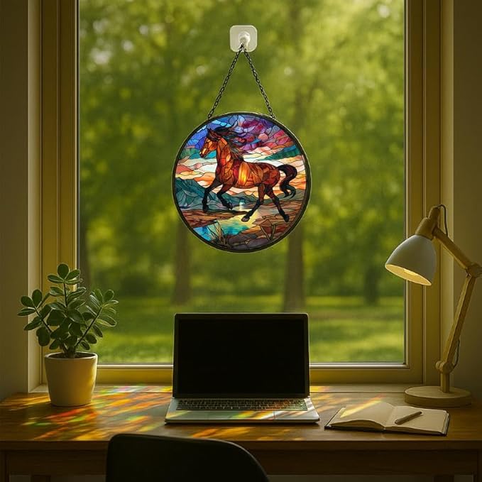 Stained Glass Window Hanging Running Horse 6.3in Sun Catchers Panel for Indoor Decorative Display for Mom Wife Lovers Festive