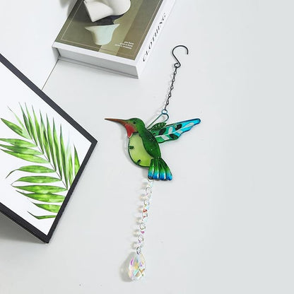 Hummingbird with Crystal Sun Catcher,Stained Glass Bird Suncatchers for Windows Hanging,Crystal Suncatcher Prism Hanging Ornament for Home Garden Party Decoration(Green)
