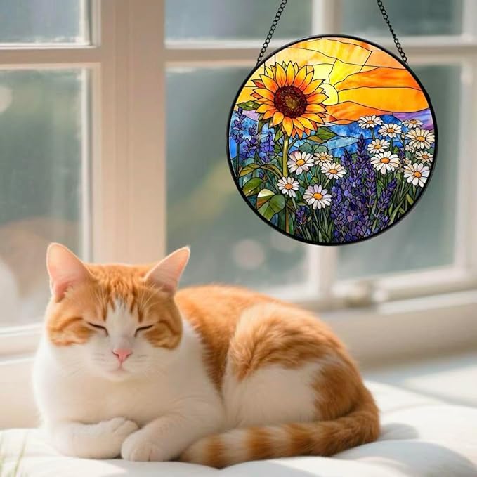 Stained Glass Window Hanging - Sunflowers, Daisies, Lavender and Sunset 6.3 Inches Suncatcher for Garden Home Decor for Women Mon Grandma Friends