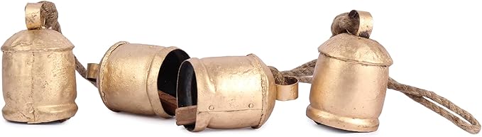 Decorative Cow Bell, 29" Hanging Bells Chime, Rustic Antique Brass Finish Metal Bells with Jute Rope, Tibetan Inspired Farmhouse Vintage Cascading Bell's for Indoor, Outdoor Patio, Garden & Wall Decor