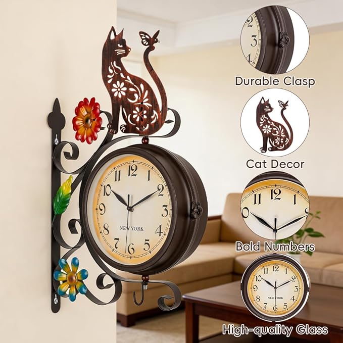 Vintage Double Sided Wall Clock with Metal Frame Antique Cat Wall Clock for Outdoor, Silent no-Ticking Watches & 360 Degree Rotate, Decorative Art Decor for Patio Living Room Restaurants