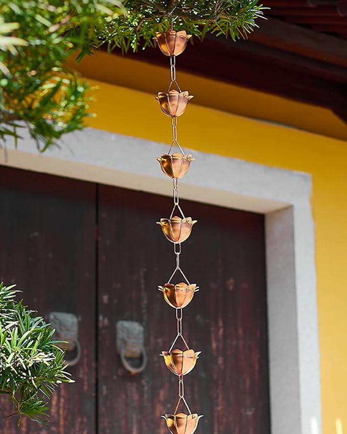 Elegant Copper Rain Chain Large Cup, Replacement Downspout for Gutters, Outside Rainwater Catcher Diverter for Villa/Deck/Pergola (Style B 2.2m (7.2ft))