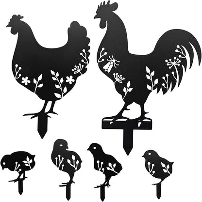 6Pcs Chicken Yard Art Garden Metal Statue Decor, Lifelike Rooster Hen Animals Stakes Outdoor Decorations, Black Hollow Out Chickens Family Silhouette Sets for Farmhouse Pathway Lawn