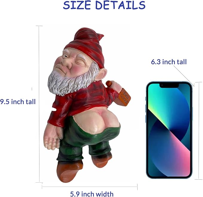MINICAR Gnome Statue Outdoor Decor 9.5 Inch L, Funny Garden Yard Patio Ornament Decoration, Naughty, Red