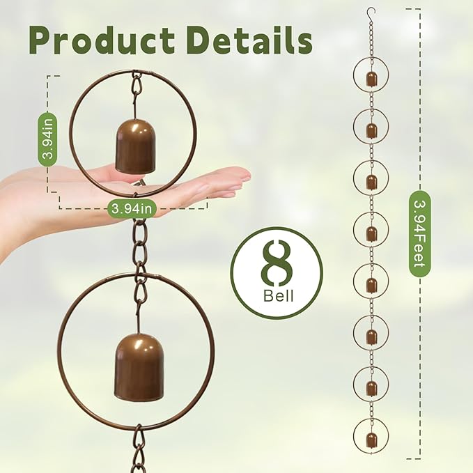 Metal Bell Rain Chain for Gutters, Rust Resistant Outdoor Rain Catcher, Perfect for Heavy Rain, Indoor/Outdoor Decoration, Dark Bronze Finish
