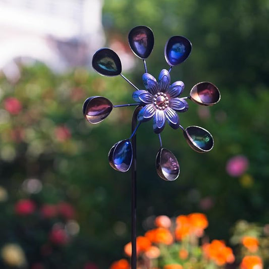 DREAMYSOUL Wind Spinners Outdoor, 10" Dia Colorful Metal Pinwheels for Yard and Garden, Kinetic Wind Sculptures & Spinner Outside (Purple Flowers)