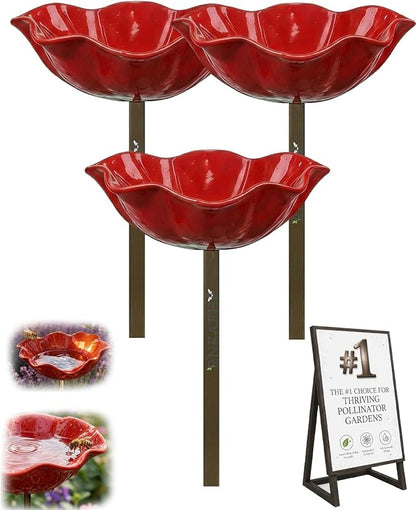 Handmade Metal Flower Garden Stakes Bird Bath Bee Watering Station for Garden Outside Pollinators Birdbaths Bowl for Decorative Outdoors Yard Art Hummingbird Fountain Butterfly Water Feeder Gift(3pcs)