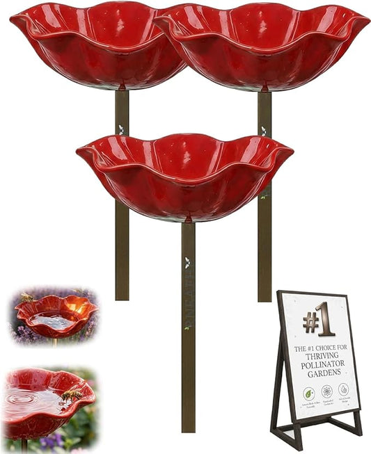 Handmade Metal Flower Garden Stakes Bird Bath Bee Watering Station for Garden Outside Pollinators Birdbaths Bowl for Decorative Outdoors Yard Art Hummingbird Fountain Butterfly Water Feeder Gift(3pcs)