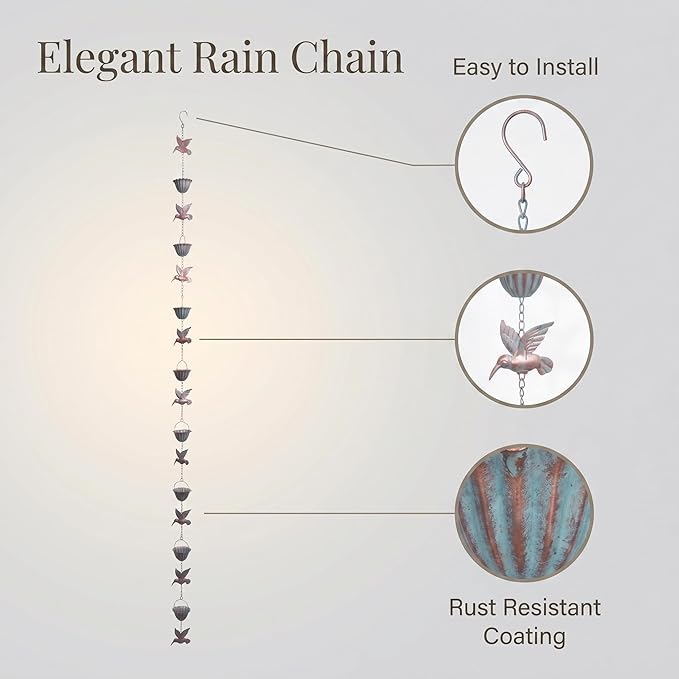 8.8Ft Metal Hummingbird Rain Chain for Gutters, 8 Cups 9 Birds Design, Outdoor Downspout Replacement, Tool-Free Installation, Decorative for Patio, Garden, Backyard and Balcony.