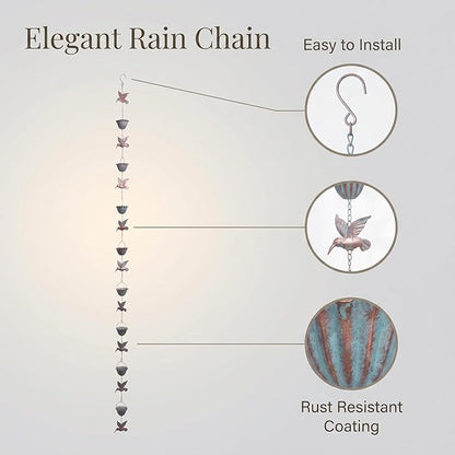 8.8Ft Metal Hummingbird Rain Chain for Gutters, 8 Cups 9 Birds Design, Outdoor Downspout Replacement, Tool-Free Installation, Decorative for Patio, Garden, Backyard and Balcony.