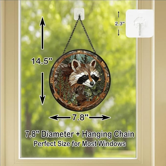 Stained Glass Window Hanging - 7.8in Forest Raccoon with Pines Sun Catchers Indoor Stained Glass Panels Wall Decor for Mom,Wife,Lovers,Festive