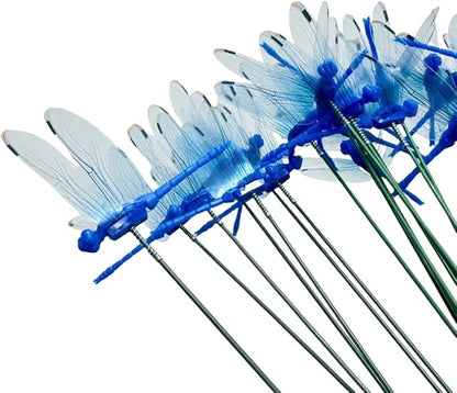 Garden Royal Blue Dragonfly Stakes with Sticks,25 pcs 3D Removable Fake Dragonfly,25 pcs 10" Waterproof Shaking Head Dragonflies Ornaments Garden Decor for Outside,Plant Decoration and House Warmings