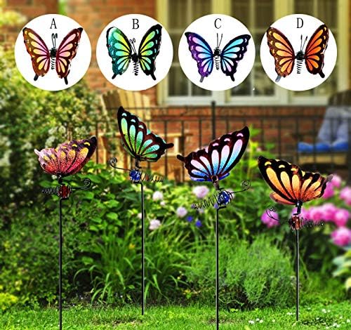 Set 4 Butterfly Garden Stakes Decor, Metal & Glass Yard Art Decorative, Indoor Outdoor Lawn Pathway Patio Ornaments. A Set (4 Colors) of Sales