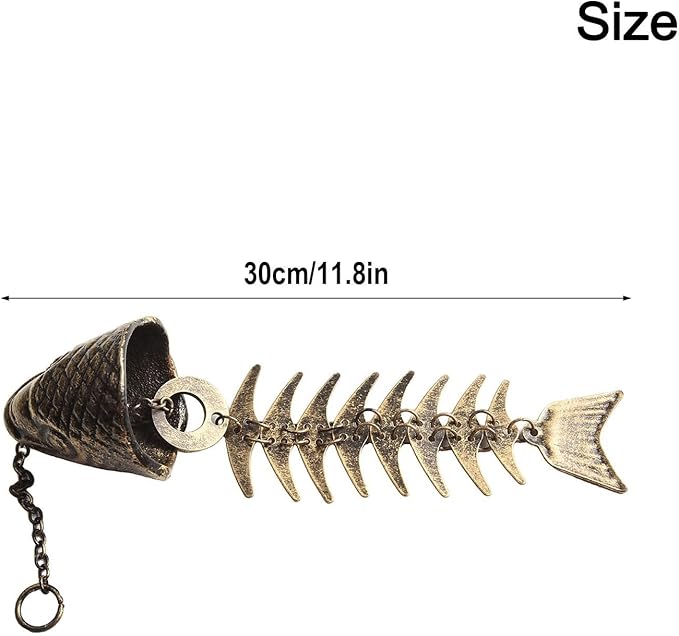 Metal Fishbone Wind Chimes Outdoor Garden Hanging Bell Decoration in Rustic Style Iron Construction 30 cm Size for Patio Yard Balcony