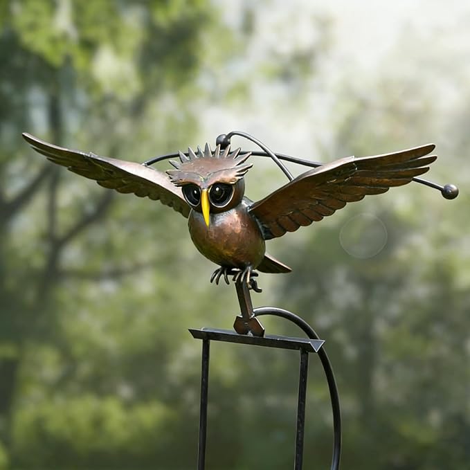 Metal Owl Garden Stake Decor, Owl Garden Rocker Outdoor Metal Owl Sculpture, Kinetic Owl Decorative Garden Stakes for Outdoor Garden Lawn Yard (Standing Owl)