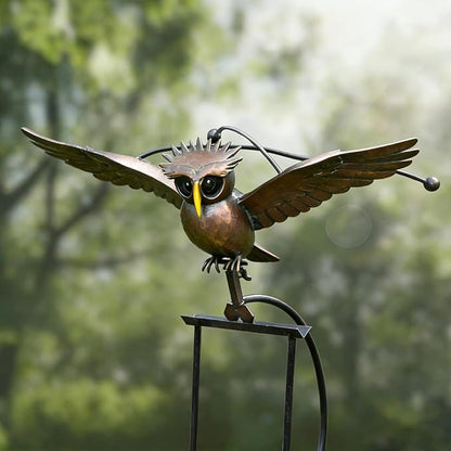 Metal Owl Garden Stake Decor, Owl Garden Rocker Outdoor Metal Owl Sculpture, Kinetic Owl Decorative Garden Stakes for Outdoor Garden Lawn Yard (Standing Owl)