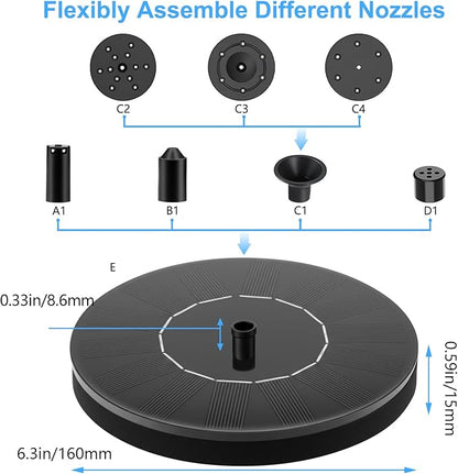 Solar Fountain, Floating Solar Water Pump with 6 Nozzles & 4 Fixed Pipes, Solar Fountain for Bird Bath, Garden, Pond, Pool