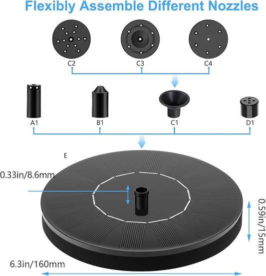 Solar Fountain, Floating Solar Water Pump with 6 Nozzles & 4 Fixed Pipes, Solar Fountain for Bird Bath, Garden, Pond, Pool