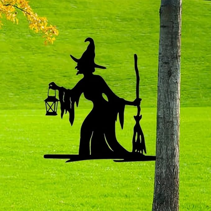 Witch Lantern on Branch Steel Silhouette Outdoor Decor Metal Wall Art Home Garden Yard Patio Outdoor Statue Stake Decor, Black