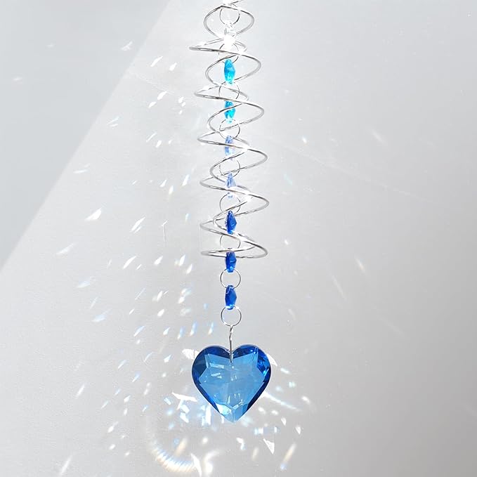 Big Heart Crystal Sun Catchers for Windows Hanging, Double-Spiral Design Gazing Ball Spiral Tail, Rainbow Maker Prism, Sun Catchers Indoor Window for Kitchen, Patio, Porch, Garden(Royal Blue)