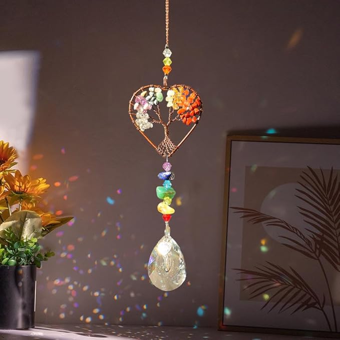 Suncatcher Window Hanging Tree of Life Heart Shaped Crystal Ball Prism Drop Ornament with Rainbow Maker Pendant for Garden Home Decor Indoor Outdoor Windows 7in