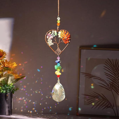 Suncatcher Window Hanging Tree of Life Heart Shaped Crystal Ball Prism Drop Ornament with Rainbow Maker Pendant for Garden Home Decor Indoor Outdoor Windows 7in