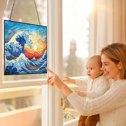 Rectangle Ocean Wave Stained Glass Suncatcher 4 Season Colorful Window Wall Ornament Hand-Painted Glass Panel Decor Gift for Women Christmas Thanksgiving Gift 15"x11"