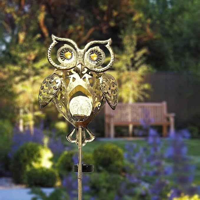 Owl Solar Garden Lights Outdoor, 40.55" Tall Iron Metal Yard Art, Weatherproof Pathway Stakes for Patio Lawn, Unique Owl Statue with Warm LED for Fence Plant Pot Decoration