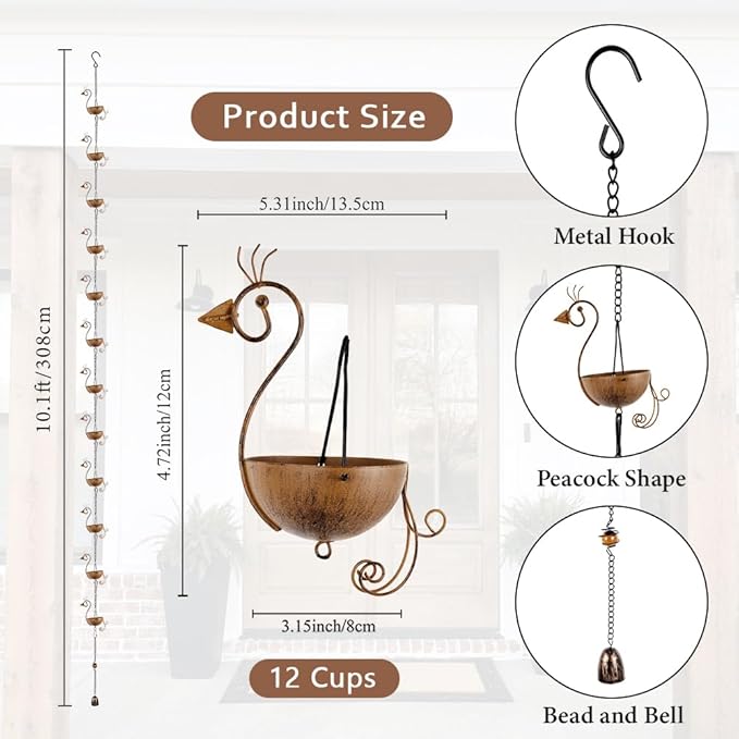 10.1ft Rain Chain for Outside, Rain Chain with 12 Peacock Cups, Adjustable Rain Catcher Chain for Outside, Replacement Downspout for Gutters, Eaves, Drainage