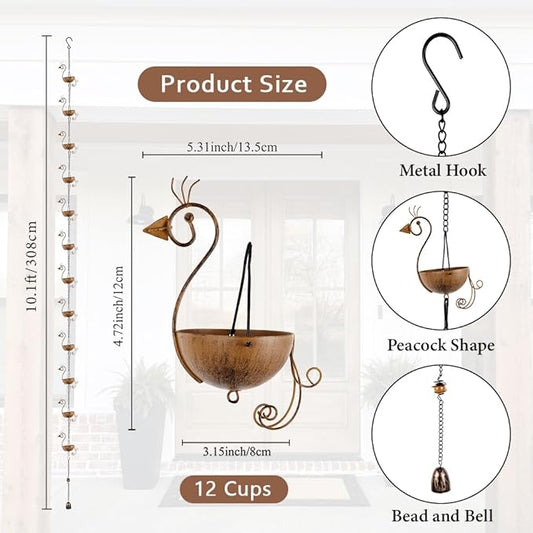 10.1ft Rain Chain for Outside, Rain Chain with 12 Peacock Cups, Adjustable Rain Catcher Chain for Outside, Replacement Downspout for Gutters, Eaves, Drainage