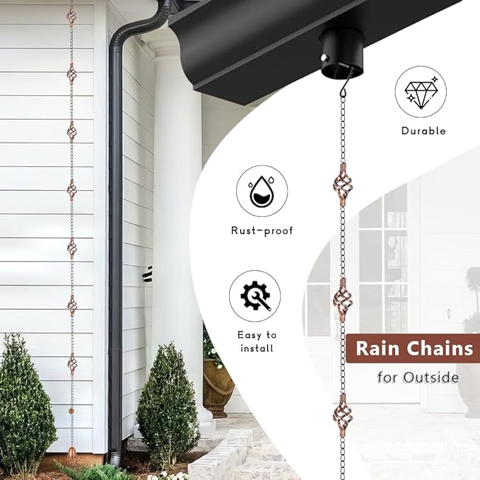 dreamysoul 10.45 FT Rain Chains for Outside with 8 Cups, Copper Bird Cage Decorative Rain Catcher Chains for Downspout Gutters, Eaves Drainage