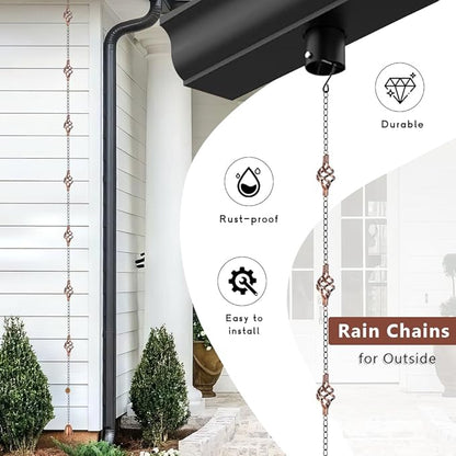 dreamysoul 10.45 FT Rain Chains for Outside with 8 Cups, Copper Bird Cage Decorative Rain Catcher Chains for Downspout Gutters, Eaves Drainage