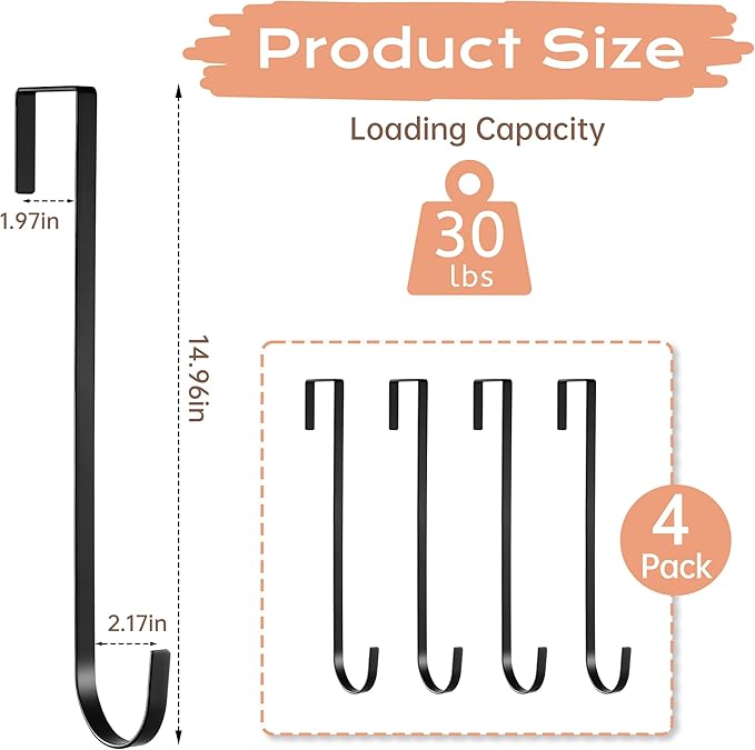Wreath Door Hanger, Over Door Hook, 15" Long Plant Hangers Outdoor, Metal Garden Fence Plant Hooks for Hanging Planters, Flower Baskets or Pots, Bird Feeders, Festival Decorations (SSF4)