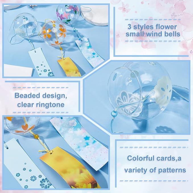 BENECREAT 3pcs Japanese Wind Chimes Flower Wind Bells Gold Blue Colorful Handmade Glass Pendants for Wedding Festival Gift, Garden Window Outdoor or Indoor Home Decors