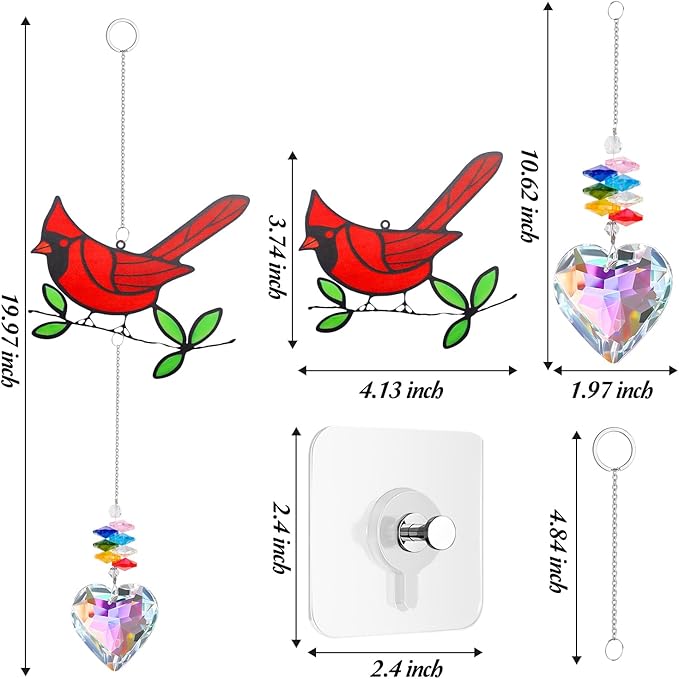 Red Cardinal Bird Window Sun Catcher – Handmade Bird Lover Window Hanging Décor with Suction Cups for Home & Garden - Memorial Cardinal Gifts for Women, Mom,Grandma (B)